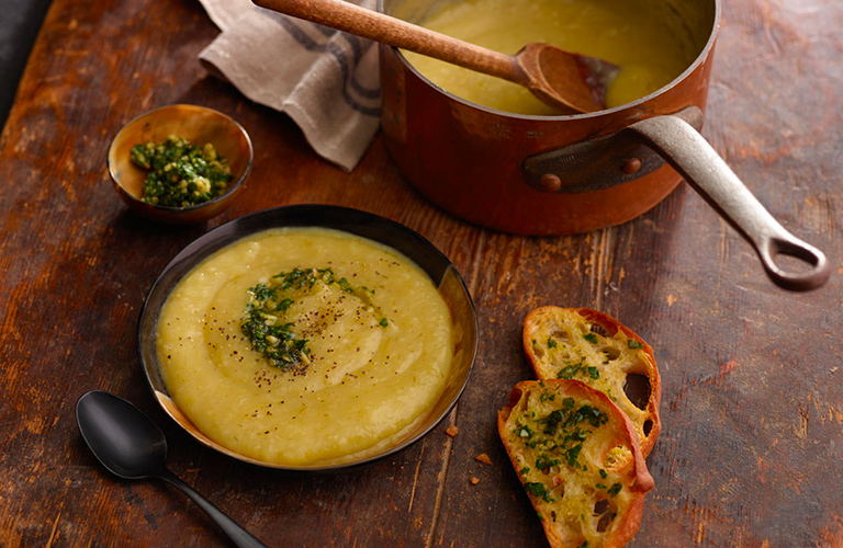 Creamy potato leek soup with olive oil pistou